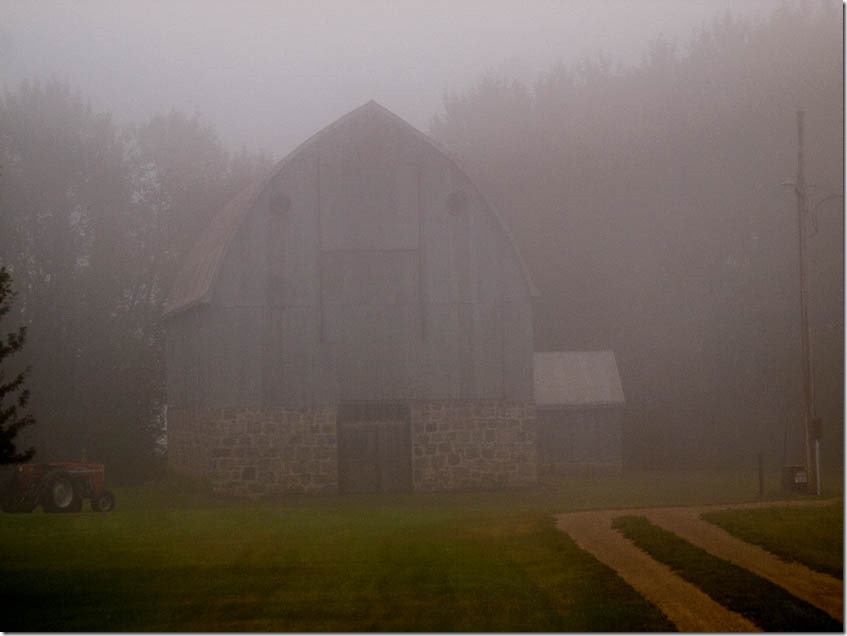 Stone Foundation Barn Shrouded in Fog